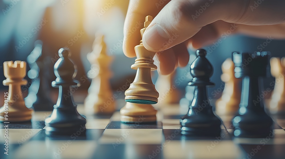 Close up of Hand Strategically Placing Chess Piece on Chessboard Close up of Hand Strategically Placing Chess Piece on Chessboard