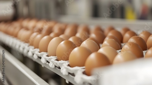 Close up View of Organic Eggs Being Packaged in Modern Food Production Facility photo