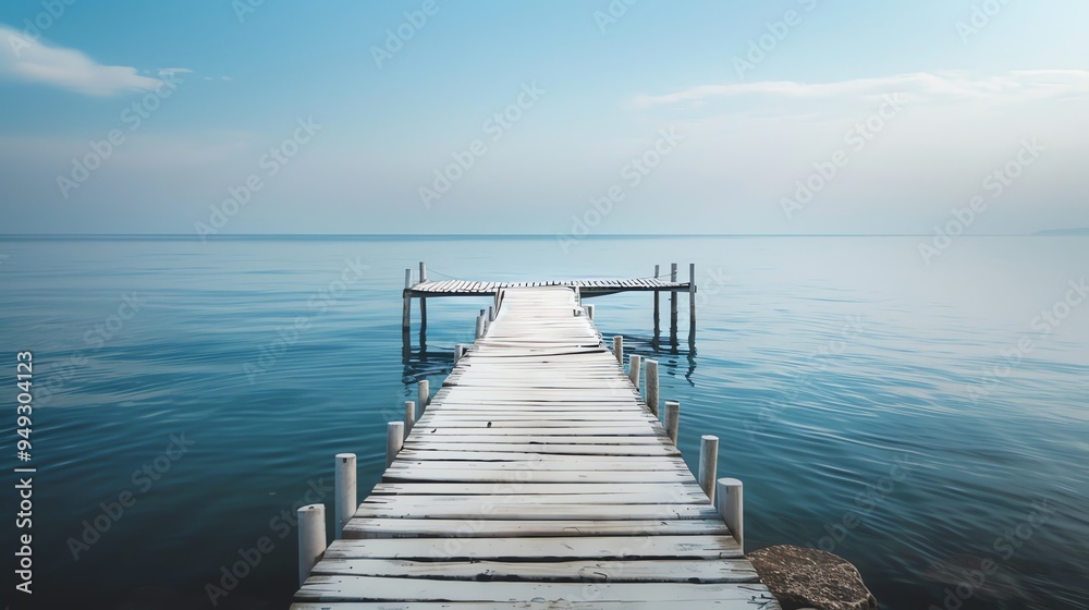 A wooden pier stretches out into a calm, blue lake. A wooden pier stretches out into a calm, blue lake.