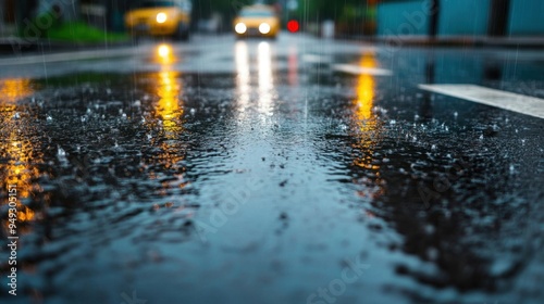 A vibrant urban scene depicting rain-soaked streets reflecting warm lights, evoking a serene and atmospheric mood.