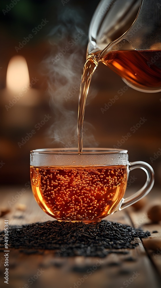 Fototapeta premium A close-up of hot tea being poured into a clear glass cup, creating steam and bubbles. The tea is being poured from a glass teapot, and the cup sits atop a pile of loose leaf tea.