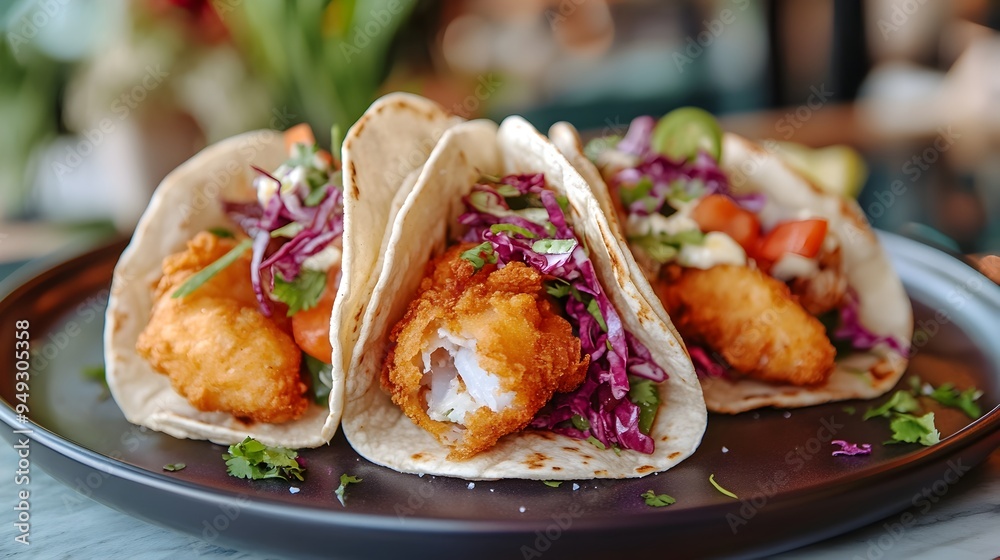Crispy Fried Fish Tacos Floating Above a Plate with Soft Focus and Detailed Textures Crispy Fried Fish Tacos Floating Above a Plate with Soft Focus and Detailed Textures
