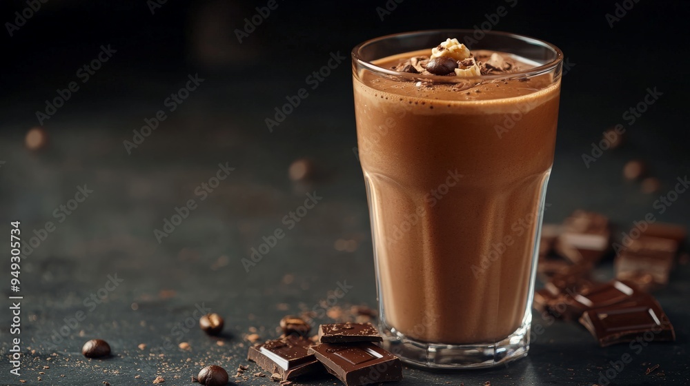 Delicious chocolate milkshake topped with cocoa and coffee beans, presented in a clear glass against a dark background with chocolate pieces. Delicious chocolate milkshake topped with cocoa and coffee beans, presented in a clear glass against a dark background with chocolate pieces.