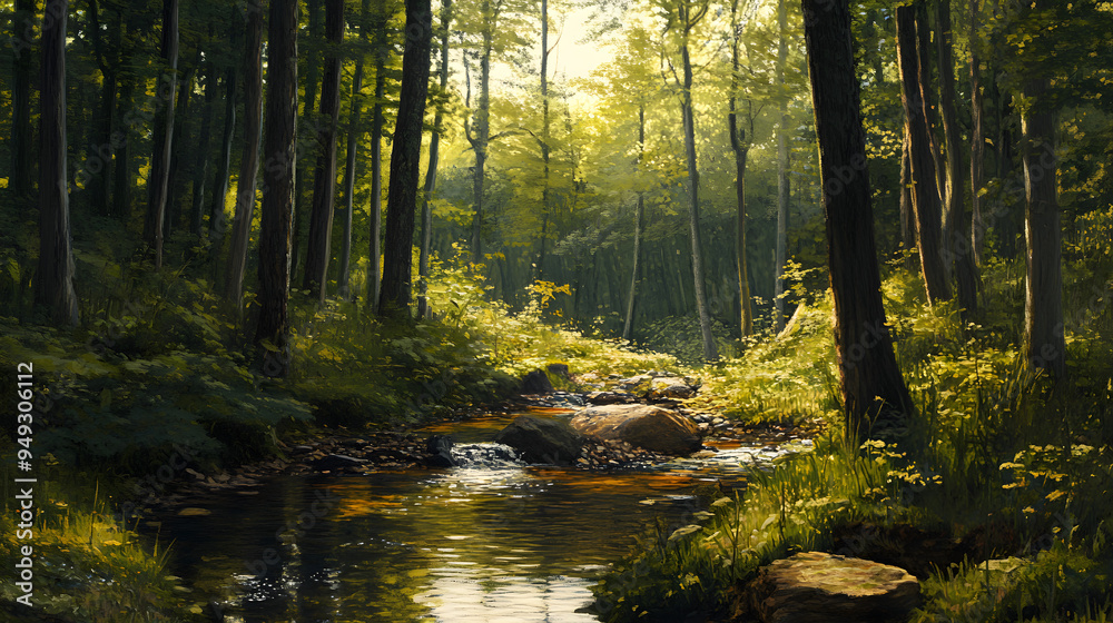 Obraz premium A serene forest with a small stream