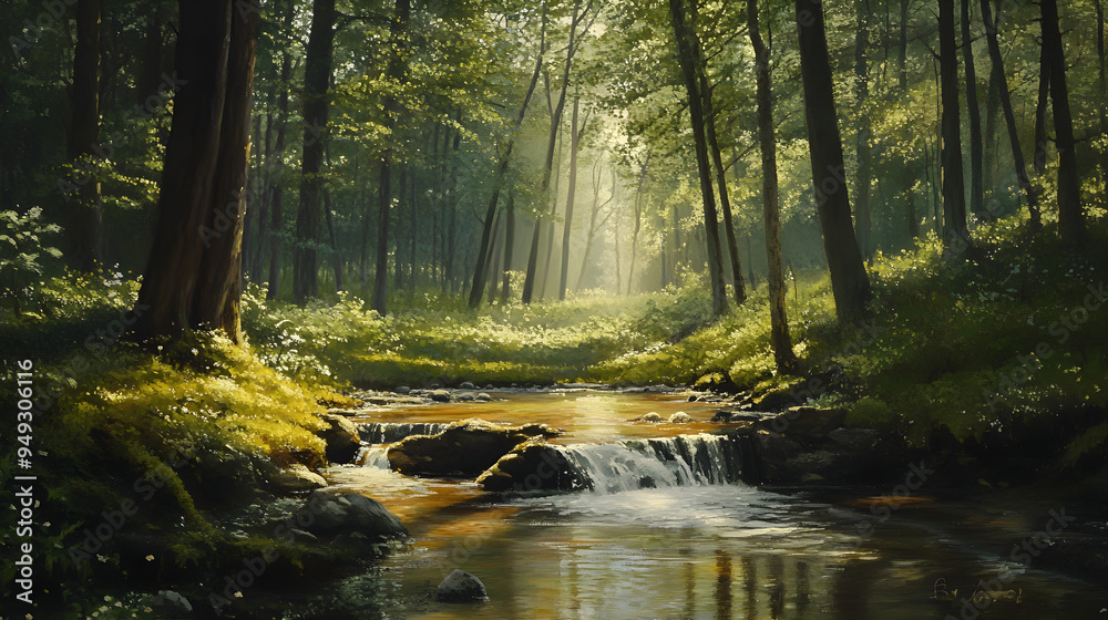 Obraz premium A serene forest with a small stream
