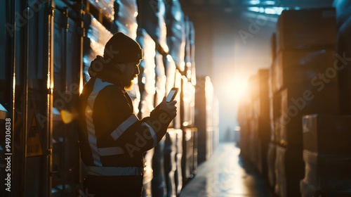 Silhouette of a logistics expert scanning cargo pallets with a handheld device, ambient warehouse lighting, closeup, photorealistic