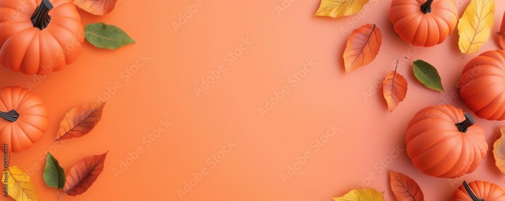 Obraz premium Autumn-themed background featuring vibrant pumpkins and colorful leaves on an orange backdrop.