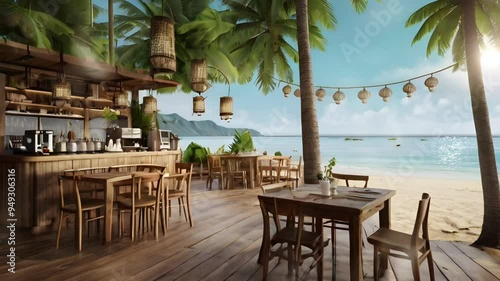 Wallpaper Mural A aesthetic cafe with wooden decoration and flooring on the seaside during the day with flower and coconut tree decorations. Seamless 4K looping timelapse video animation background Torontodigital.ca