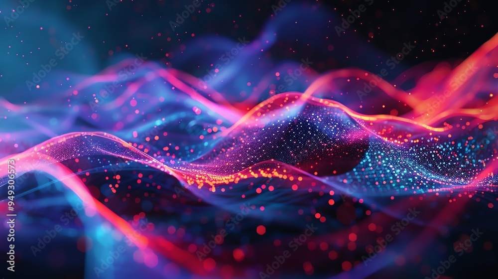 An abstract digital art image of glowing blue and red waves with scattered particles. An abstract digital art image of glowing blue and red waves with scattered particles.