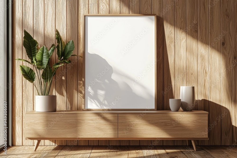Poster Frame Mockup on Wooden Interior Background created with Generative AI