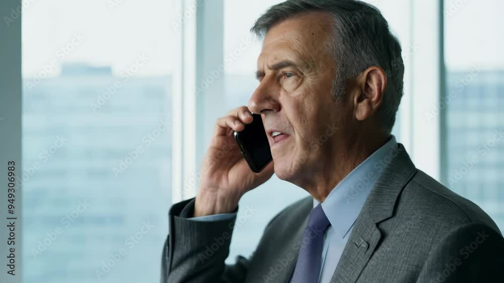 Senior executive discussing important business matters on a phone call in a modern office environment in the afternoon Senior executive discussing important business matters on a phone call in a modern office environment in the afternoon
