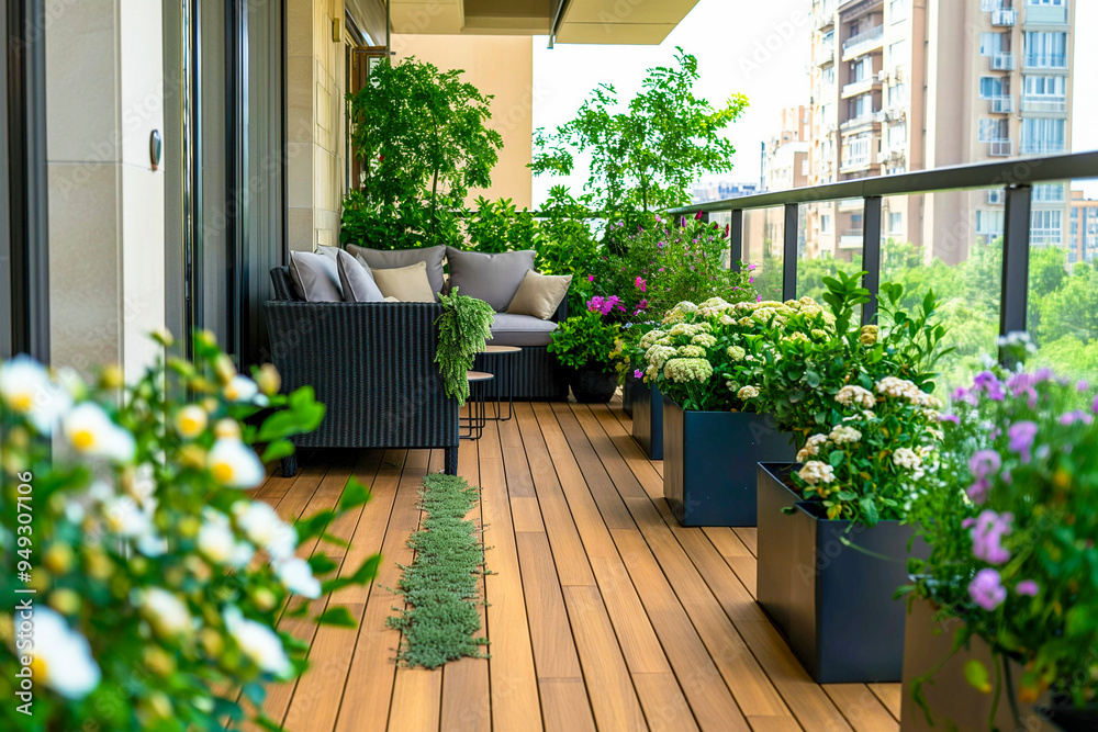 Fototapeta premium Beautiful of modern terrace with wood deck flooring, green potted flowers plants and outdoors furniture. Cozy relaxing area at home back yard. Sunny stylish balcony terrace in the city