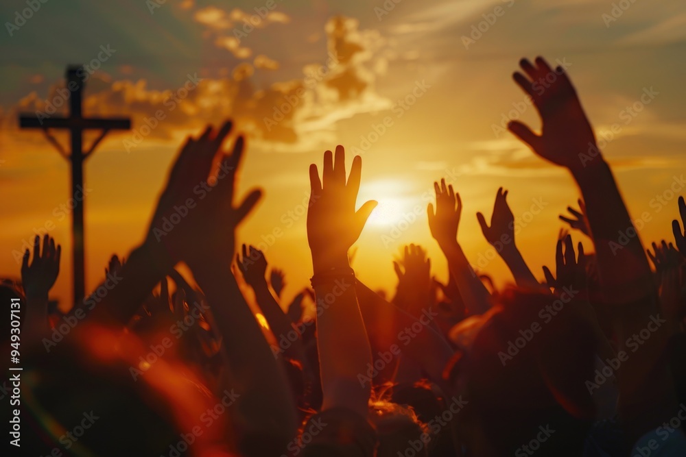 A group of people holding hands up in reverence in front of a cross A group of people holding hands up in reverence in front of a cross