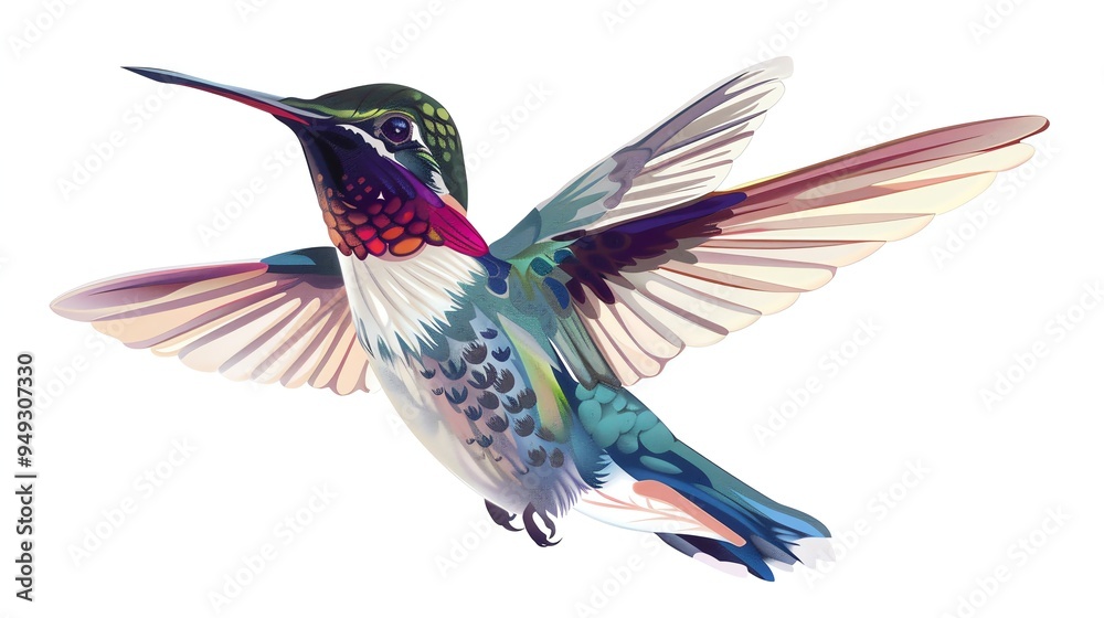 A colorful, illustrated hummingbird in flight. A colorful, illustrated hummingbird in flight.