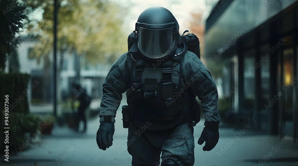 EOD Officer in Bomb Suit Cautiously Approaching Suspect Package in Public EOD Officer in Bomb Suit Cautiously Approaching Suspect Package in Public