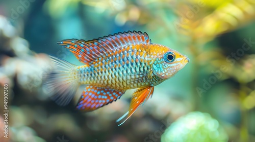 A close-up of a colorful fish swimming in an aquarium. photo