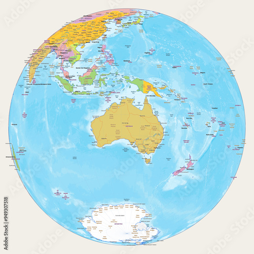Simple political map globe Australia centered