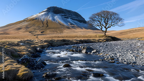 A perfect spring scene near a stream with a lone tree on the shore photo