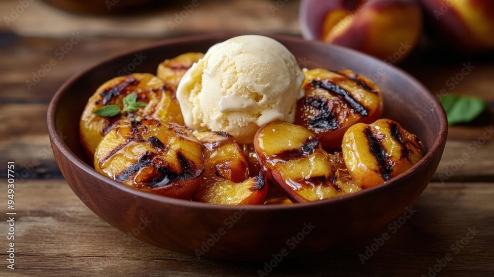 Delicious grilled peach dessert served with a scoop of creamy vanilla ice cream in a rustic wooden bowl. Delicious grilled peach dessert served with a scoop of creamy vanilla ice cream in a rustic wooden bowl.