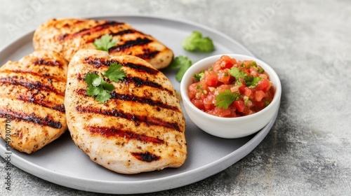 Delicious grilled chicken breast served with fresh salsa and garnished with cilantro, perfect for healthy meals and recipes.