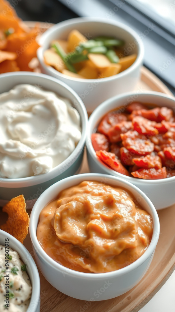 Various dips and sauces in white bowls on a wooden tray Various dips and sauces in white bowls on a wooden tray