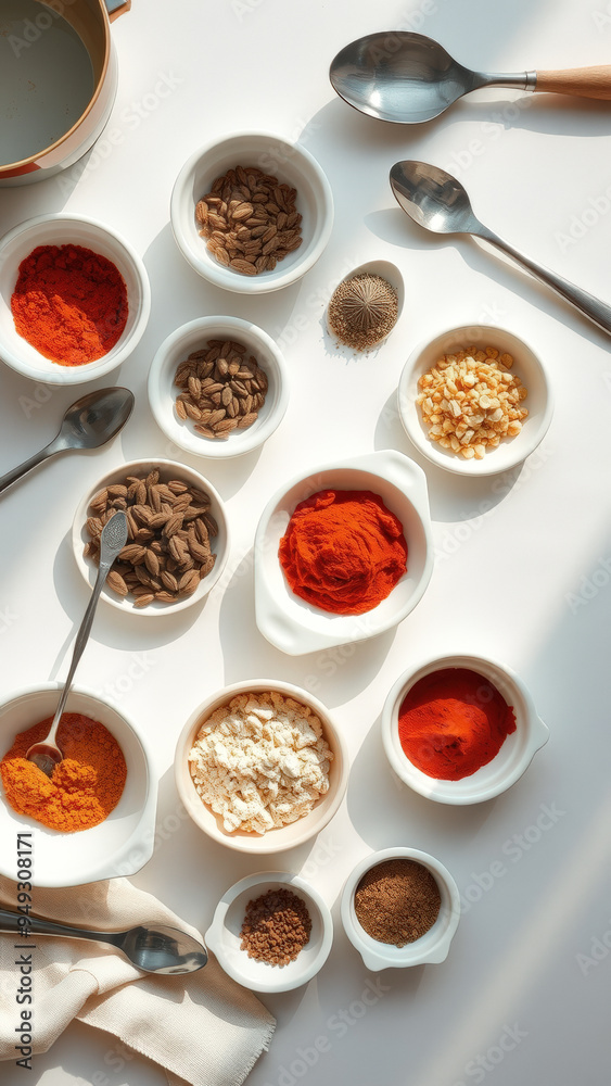 Various Spices and Seeds in White Bowls Various Spices and Seeds in White Bowls