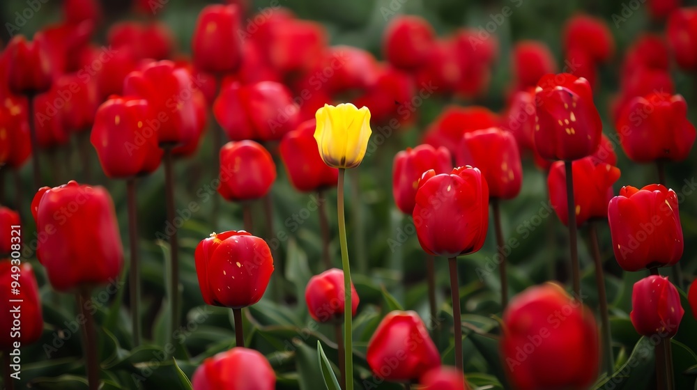 Fototapeta premium A single yellow tulip stands out among a field of red tulips.