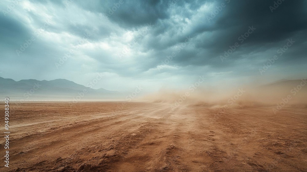 Fototapeta premium Dramatic landscape depicting a dusty terrain under ominous storm clouds, capturing the essence of nature's raw power.