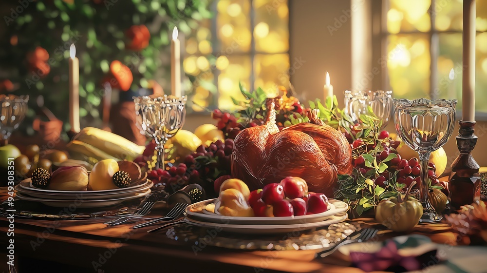 Thanksgiving Feast Table Setting with Roasted Turkey Thanksgiving Feast Table Setting with Roasted Turkey