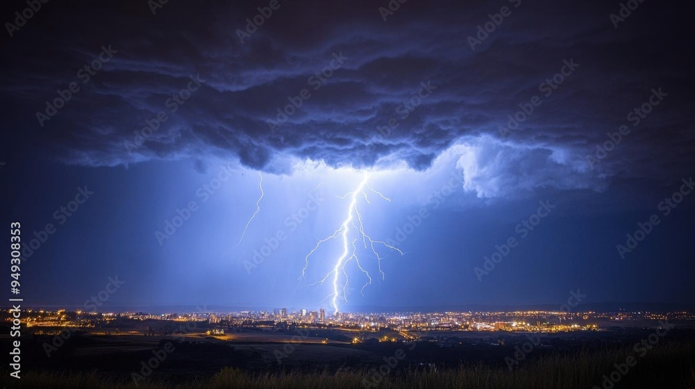 Dramatic lightning strikes illuminate the night sky over a city, showcasing the power of nature during a thunderstorm. Dramatic lightning strikes illuminate the night sky over a city, showcasing the power of nature during a thunderstorm.