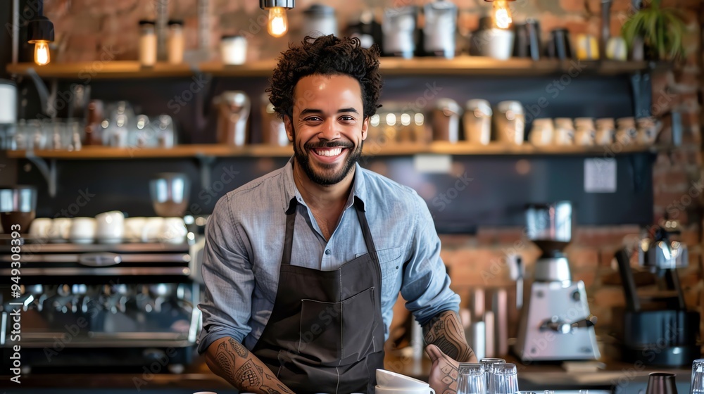A smiling barista stands behind a coffee shop counter. A smiling barista stands behind a coffee shop counter.