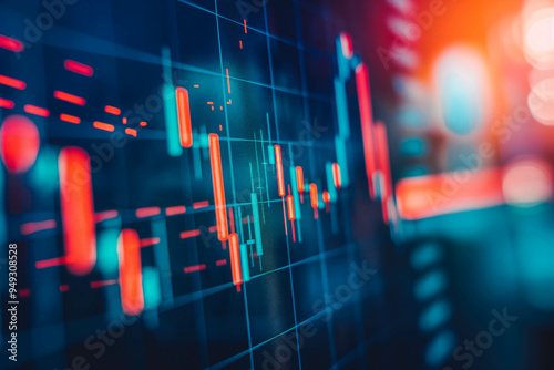 Closeup financial chart with uptrend line candlestick graph in stock market on blue color monitor background