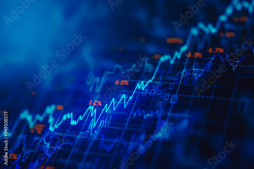 Closeup financial chart with uptrend line candlestick graph in stock market on blue color monitor background