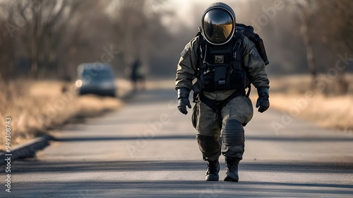 Explosive Ordnance Disposal Officer in Protective Suit Conducting a Security Check on the Road