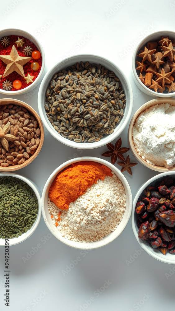 Assorted Spices and Herbs in White Bowls on White Background Assorted Spices and Herbs in White Bowls on White Background