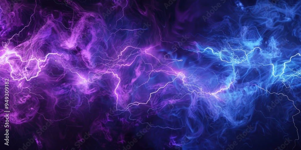 Purple and blue lightning streaks on a black background, ideal for use in science and technology visuals Purple and blue lightning streaks on a black background, ideal for use in science and technology visuals