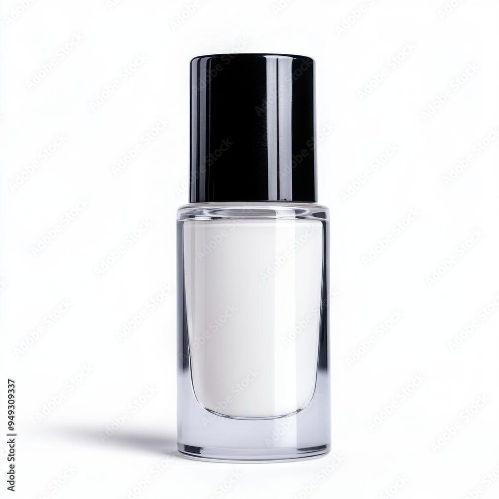 Elegant white nail polish in a sleek glass bottle with a black cap, perfect for manicures or nail art. Elegant white nail polish in a sleek glass bottle with a black cap, perfect for manicures or nail art.