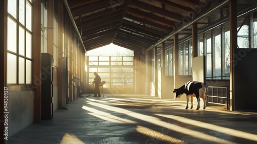 Farmer Milking Dairy Cow in Sunlit Modern Barn Interior