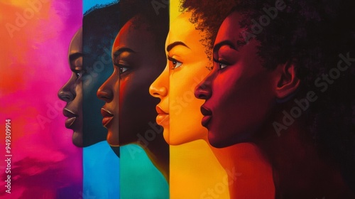 Abstract Portrait of Four Women's Faces with Vibrant Colors Representing Diversity and Beauty