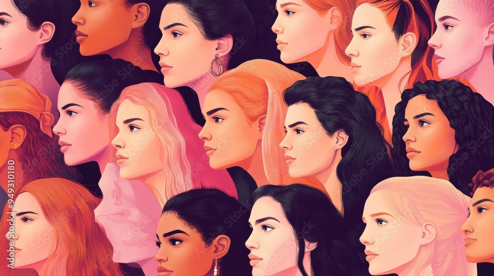 Beautiful illustration of women's diverse profiles in vibrant colors and detailed artwork Beautiful illustration of women's diverse profiles in vibrant colors and detailed artwork