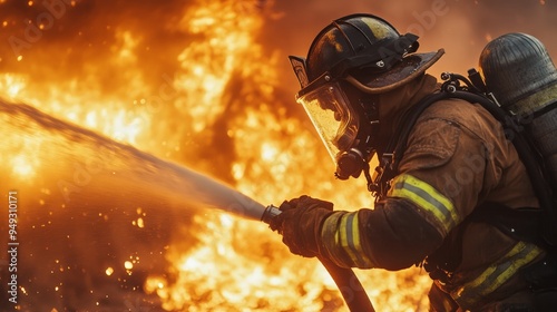 Firefighter in full gear battling intense blaze with hose, demonstrating bravery, fire safety, and emergency response.