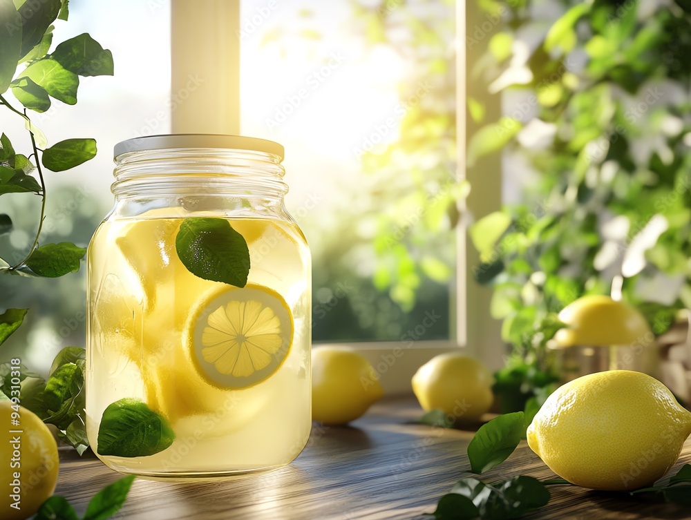 A refreshing jar of lemonade with fresh lemons and leaves, beautifully lit by sunlight streaming through a window. A refreshing jar of lemonade with fresh lemons and leaves, beautifully lit by sunlight streaming through a window.
