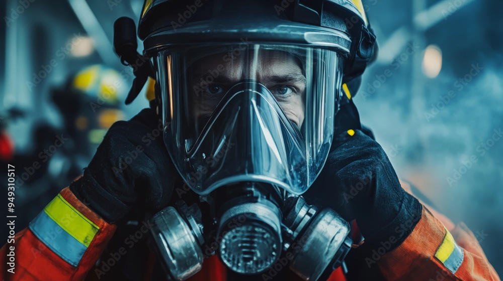 Firefighter in full protective gear, including gas mask and helmet, amid smoke, portraying bravery and readiness. Firefighter in full protective gear, including gas mask and helmet, amid smoke, portraying bravery and readiness.
