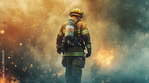 Firefighter in protective gear facing a massive blaze, demonstrating bravery and resilience amidst dangerous conditions.