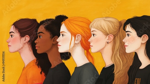 Illustration of Five Diverse Women in Profile on a Yellow Background, Unity and Strength photo