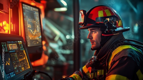 Firefighter operating advanced technology, focused on screens in a control room, demonstrating modern safety protocols. photo