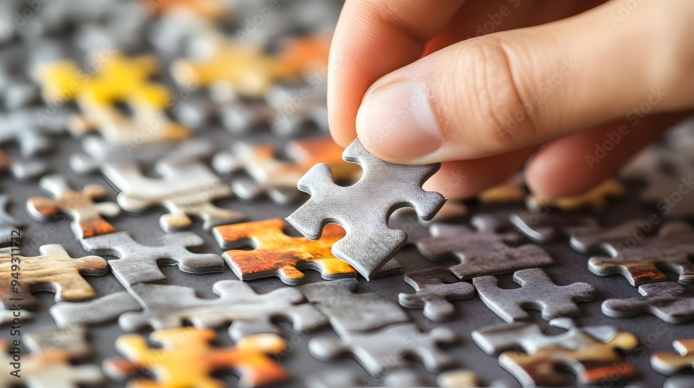 Hand Carefully Placing Puzzle Piece into Partially Completed Jigsaw Puzzle Image Hand Carefully Placing Puzzle Piece into Partially Completed Jigsaw Puzzle Image