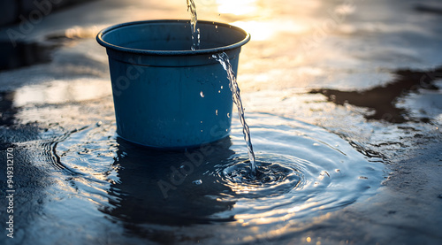 A Bucket Filled with Water Sitting on the Ground, Pouring Over the Edge, Capturing the Moment of Overflow, and Representing Concepts of Abundance, Excess, and the Unpredictable Flow of Life, Ideal for photo