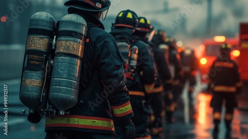 Firefighters in full gear lined up on a rainy day, ready for action with emergency vehicles and equipment in the background.