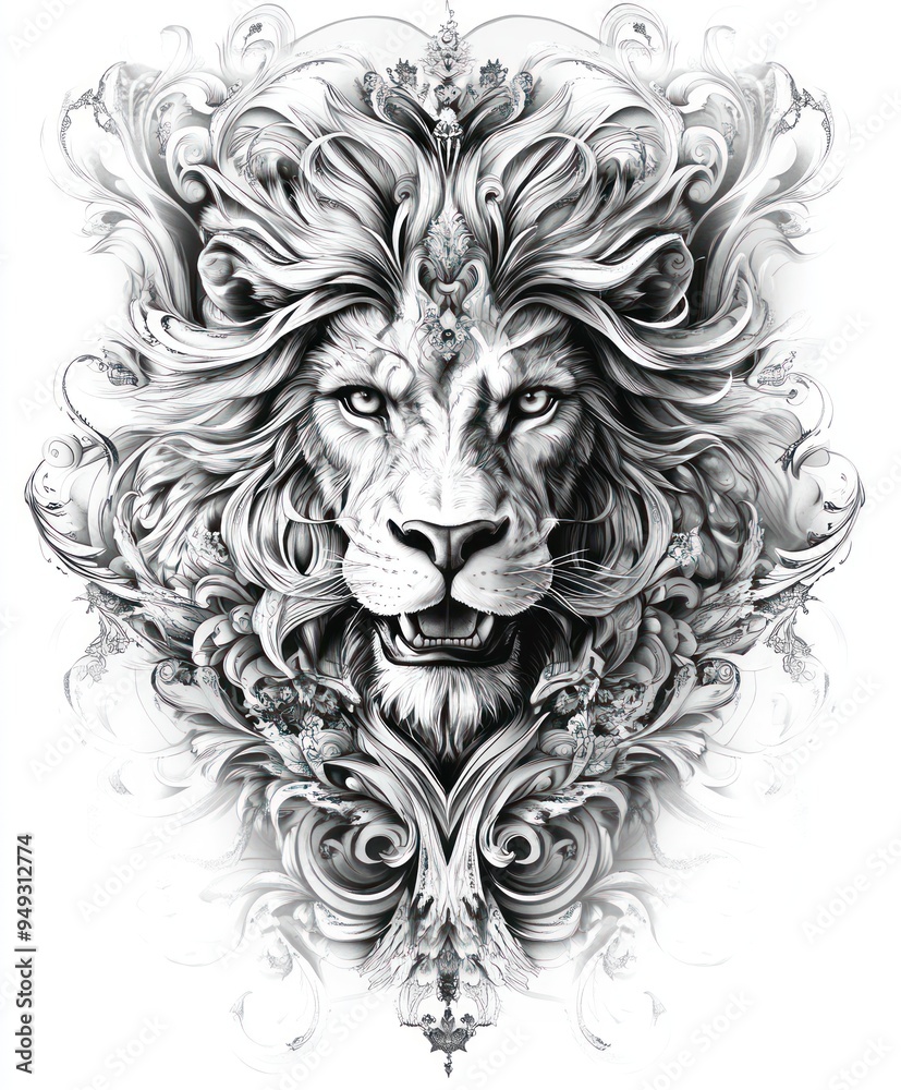 Obraz premium A detailed black-and-white illustration of a lion's face surrounded by ornate patterns.